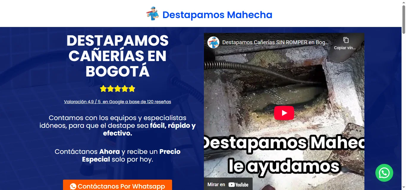 Portafolio web: destapamosmahecha.com diseñada con SEO local y Google Maps para plomeros en Bogotá